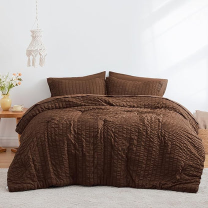 Love's cabin Seersucker Brown California King Comforter Set, 7-Piece All Season Lightweight Bed in a Bag Bedding Set with Comforter, Flat Sheet, Fitted Sheet, Pillowcases and Shams | Soft, Breathable, Lightweight