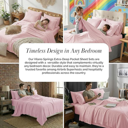 Southshore Fine Living, Inc. 4-Piece Twin XL Sheets Set, 21" Extra Deep Pocket Twin XL Fitted Sheet, Oversized Flat Sheet, Microfiber Bedding Set, Pink Pillowcases Standard Size, Pastel Pink Sheets