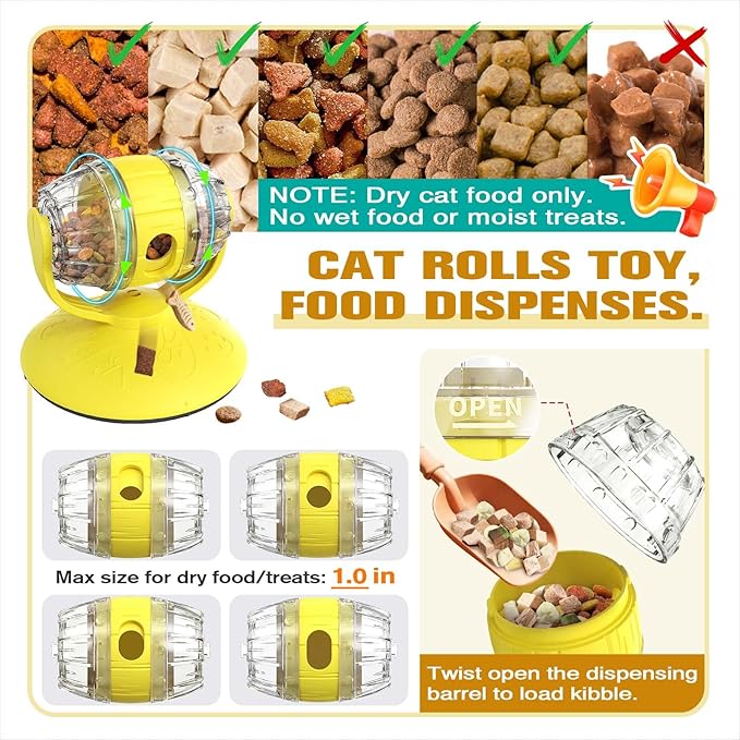 Cat Slow Feeder Toy, Beer Barrel Interactive Cat Toy, cat treat dispenser toy for Indoor Cats, Small Dogs, Enrichment Toy for IQ Training, Mental Stimulation, Relieve Boredom, Gifts (Yellow)