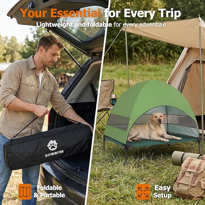 Elevated Dog Bed with UV-Proof Canopy, Outdoor Dog Tent with Powerful Adjustable Feet, Portable Pet Cot with Wider Shade, Raised Cooling Bed for Camping, Patio, Beach, Poolside