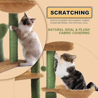 MUTTROS Cactus Cat Tree, Multi-Level Cat Tower with Large Metal Carpet Hammock, Cat Scratching Post for Indoor Cats with Condo & Replaceable Toy Ball, Green