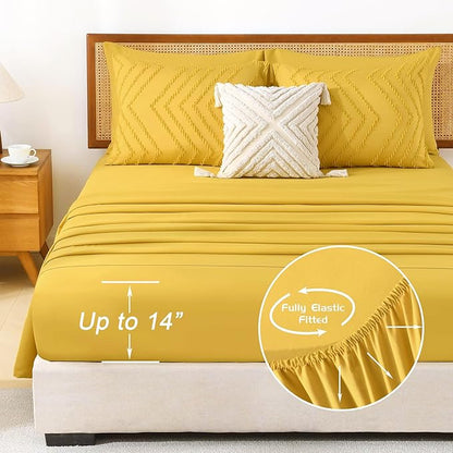 Litanika Queen Size Comforter Set with Sheets Mustard Yellow - 7 Pieces Bed in a Bag Queen Chevron Tufted Complete Bedding Sets with Comforter, Sheets, Pillowcases & Shams
