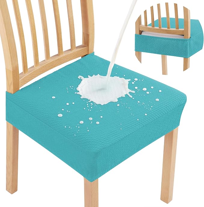 Smiry Waterproof Seat Covers for Dining Room Chairs Set of 8, Stretch Jacquard Removable Washable Chair Seat Slipcovers Protector, No Rear Covers, Aqua