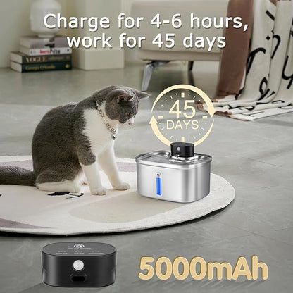 BOORCA Wireless Cat Water Fountain Stainless Steel, 169oz/5L Cordless Smart Pet Water Fountain with 5000mAh Battery & Ultra Quiet Pump, Automatic Pet Water Dispenser for Cats & Dogs, 3 Filters