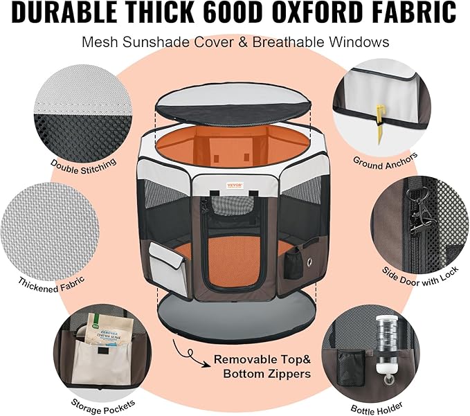 VEVOR Portable Pet Playpen, 36x36x23 in Foldable Dog Cat Pen + Free Carrying Case + Bowl, Indoor/Outdoor Dogs Crates Kennel for Puppies with Premium Waterproof 600D Oxford Cloth, Removable Zipper Top