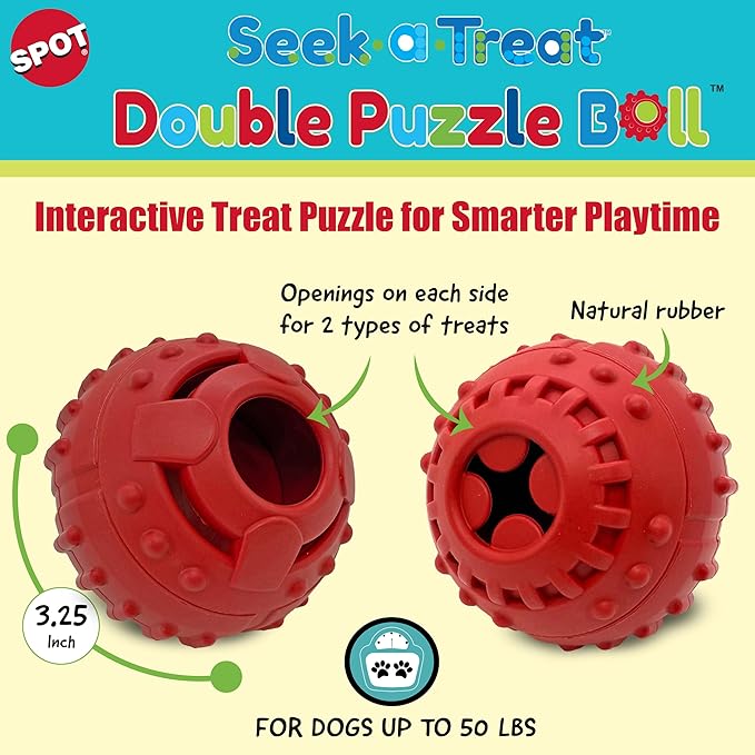 SPOT Seek-A-Treat Double Puzzle Ball Dog Toy, 3.25 in Durable Rubber Treat Dispenser with Dual Openings for Mental Stimulation & Long-Lasting Play, for Dogs up to 50 lbs