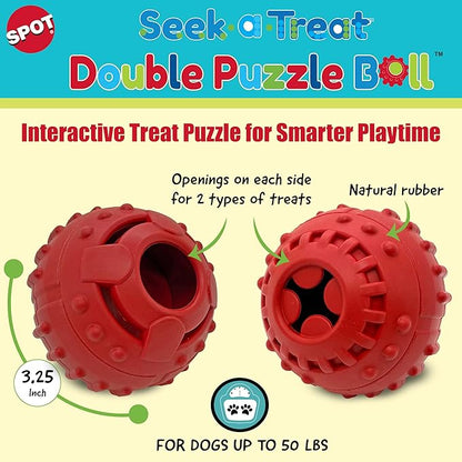 SPOT Seek-A-Treat Double Puzzle Ball Dog Toy, 3.25 in Durable Rubber Treat Dispenser with Dual Openings for Mental Stimulation & Long-Lasting Play, for Dogs up to 50 lbs