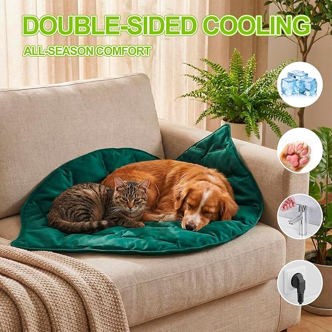 Drydiet Self Cooling Mat for Cats - Large Leaf Shaped - 27 x 18.5 Inch Summer Pet Cool Mats for Cats and Puppies, Reversible Sleeping Blanket Pad for Cage Accessories and Safety Fences, Light Green