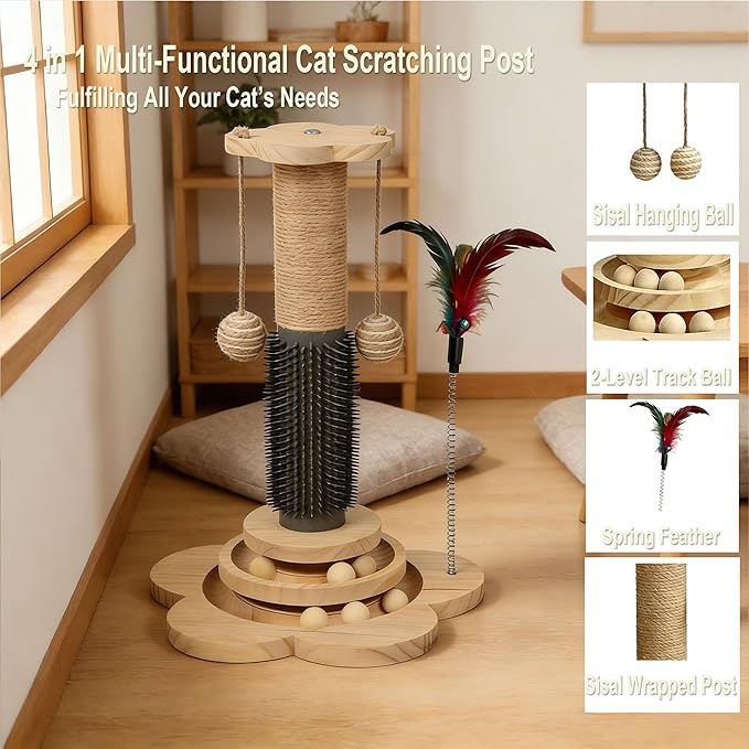 Wooden Cat Scratching Post with Brush, 4 in 1 Cat Scratcher Kitten Toys for Indoor Cats, 17.7" Tall Sisal Post with Two-Laye Wooden Ball Track, Ideal for Small Medium Cat