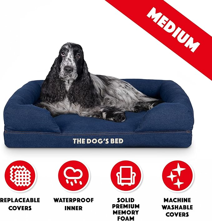 The Dog’s Bed Orthopedic Memory Foam Dog Bed with Bolsters for Medium Dogs, Waterproof Washable Cover, Anti-Slip Base, Calming Surface – CertiPUR-Certified Foam, Denim Fabric, Blue Denim, Medium