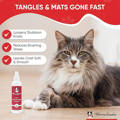 Warren London Cat Detangler Spray Bundle with Pin Brush for Matted Hair | Leave in Conditioner Pet Detangling Spray that Demattes & Refreshes | 8oz w/Pin Brush