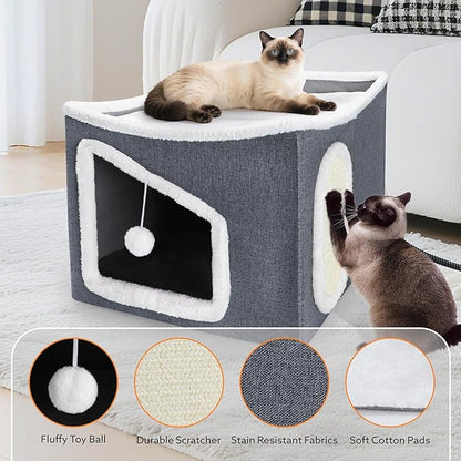 Tovve Heated Cat House for Indoor, Large Cat Bed with Heating Pad, Adjustable Temperature & Timing, with Fluffy Ball Hanging and Scratch Pad, Foldable Pet Hideaway for Small Medium and Large Cats（XL）