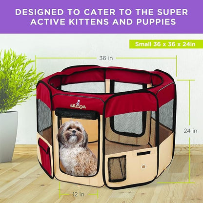 Zampa Puppy Pop Up Portable Playpen for Dog and Cat, Foldable | Indoor/Outdoor Kitten Pen & Travel Pet Carrier + Carrying Case (Red, Small (36"x36"x24"))