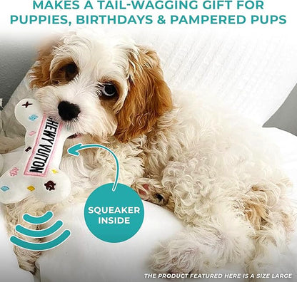 Haute Diggity Dog Chewy Vuiton Bone Plush Squeaky Dog Toy, Soft Durable Designer-Inspired Stuffed Puppy Chew Toys for Small & Medium Dogs, Machine-Washable (White) Large