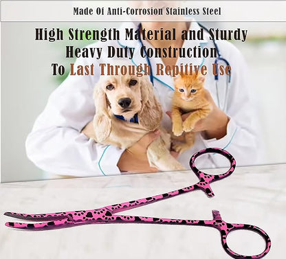 Dog Pet Ear/Nose Hair Puller Grooming Hemostat Locking Forceps Curved Pliers, 5.5" (14cm) Full Serrated Clamps Stainless Steel (Pink Paws)