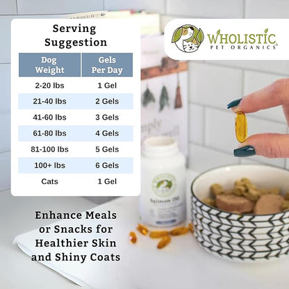 Wholistic Pet Organics Wild Alaskan Salmon Oil for Dogs and Cats - Omega 3 Fish Oil for Dogs & Cats - Cat & Dog Skin and Coat Supplement, Heart and Joint Health - DHA, EPA Omega 3 6 9-500 Soft Gels