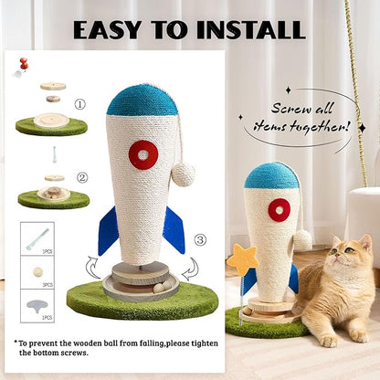 Cat Scratching Post, Rocket Cute Sisal Cat Scratcher with Durable Solid Wood Turntable Toy, Cat Scratch Post Red Cat Scratcher with Spinning Star Toy for Indoor Adult Cats