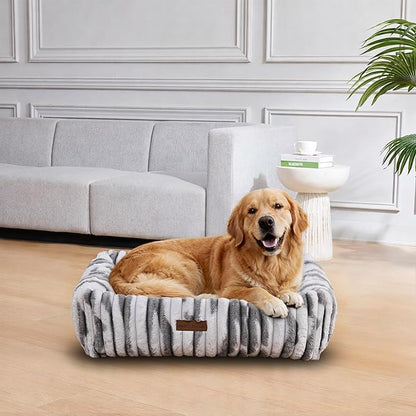 Modern Threads Ribbed Plush Two-Tone Cuddler Dog Bed, Ultra-Soft Faux Rabbit Fur, Supportive Bolstered Sides, Removable Washable Cover, Bed for Medium to Large Dogs, Silver, (34" L x 25" W x 9" Th)