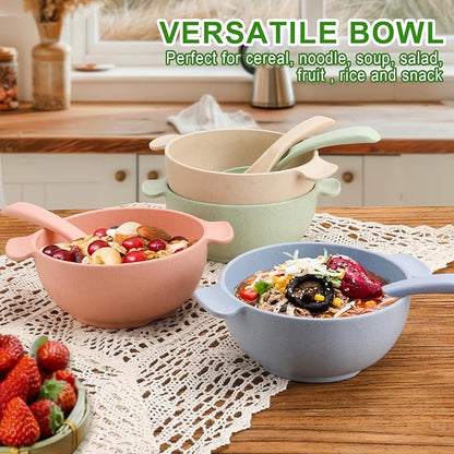 shopwithgreen Unbreakable Kids Bowls -Microwave Dishwasher Safe- Wheat Straw Snack Bowl Sets for Kids/Toddler/Children/Baby Feeding - 4 Bowls and 4 Spoons, Lightweight and Durable, 14 OZ