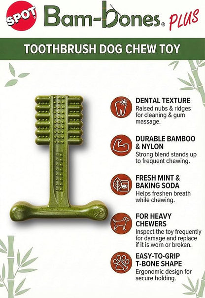 SPOT Bam-Bones Plus Toothbrush Dog Chew Toy 2-Pack for Small Dogs 10-30 lbs, Bamboo & Nylon Dental Chew with Mint & Baking Soda, T-Bone for Moderate to Heavy Chewers, 4 Inch