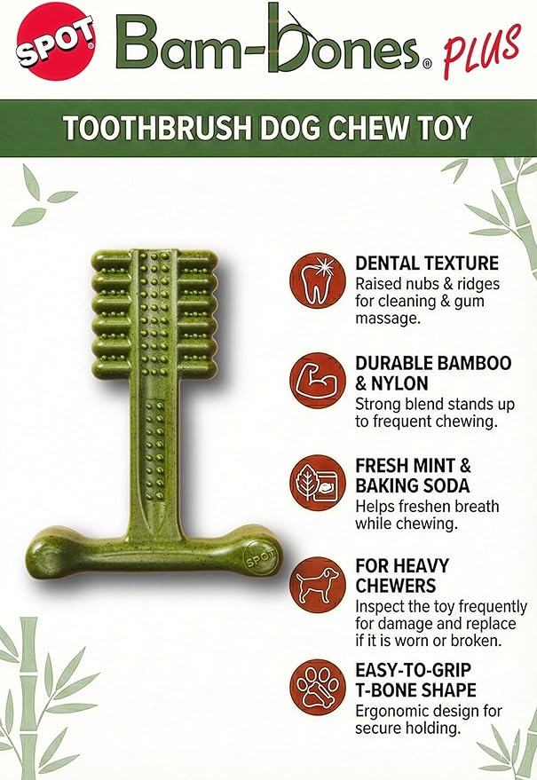 SPOT Bam-Bones Plus Toothbrush Dog Chew Toy for Small Dogs 10–30 lbs, Bamboo & Nylon Dental Chew with Mint & Baking Soda, Cleans Teeth & Freshens Breath, for Moderate to Heavy Chewers, 4 Inch