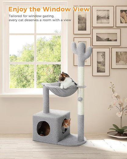 MUTTROS Cactus Cat Tree Cat Scratching Post 40" Cat Tower with Large Metal Carpet Hammock, Cat Scratching Post for Indoor Cats with Condo& Dangling Ball, Grey