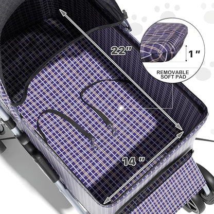 MoNiBloom 3 in 1 Foldable Pet Stroller for Small & Medium Dogs, Detachable Carrier, Car Seat, Push Button Entry, 4-Wheel Jogger for Pets up to 33 lbs, Plaid