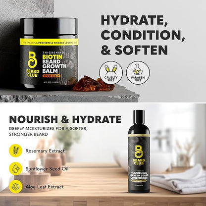 The Beard Club Supreme Beard Growth Kit - Derma Roller, Growth Oil, Vitamins, Vitamin Spray, Biotin Balm, Thickening Conditioner, Shampoo, Comb & Cleansing Spray - Gift Set