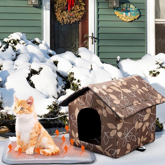 Beeveer Outdoor Heated Cat House Set Weatherproof Enclosures Insulated Cat Shelter with Heating Pad Foldable Indoor Pet Cave with Tent Stakes for Pet Winter Outside