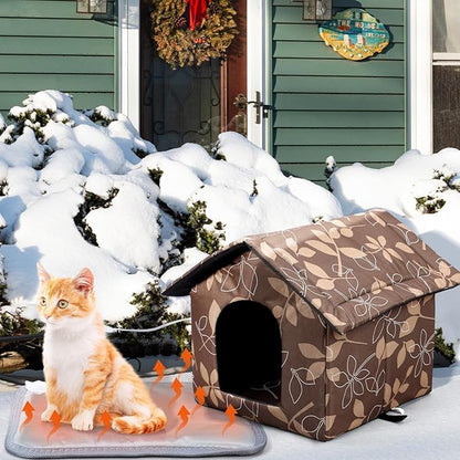 Beeveer Outdoor Heated Cat House Set Weatherproof Enclosures Insulated Cat Shelter with Heating Pad Foldable Indoor Pet Cave with Tent Stakes for Pet Winter Outside