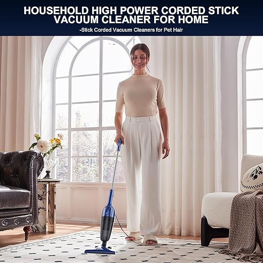 Stick Lightweight Vacuum Cleaner for Home & Apartment, Corded Handheld vac Cleaners with Crevice Tool, Perfect Household Vacuum Cleaners for Carpet, pet Hair, Hardwood Floor (Blue)