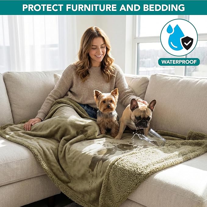 PetAmi Waterproof Dog Blanket for Medium Large Dog Puppy Cat Throw for Couch Cover Leakproof Protection, Sherpa Fleece, Reversible Soft Washable 60x40 Taupe Taupe