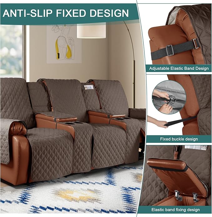 Ruaozz Waterproof Recliner Sofa Cover with Console Non-Slip Couch Covers for Reclining Couches Pet Cover for Double Recliner Sofa Cover with Elastic Straps for Kid Dogs Pets (Brown, 3 Seater)