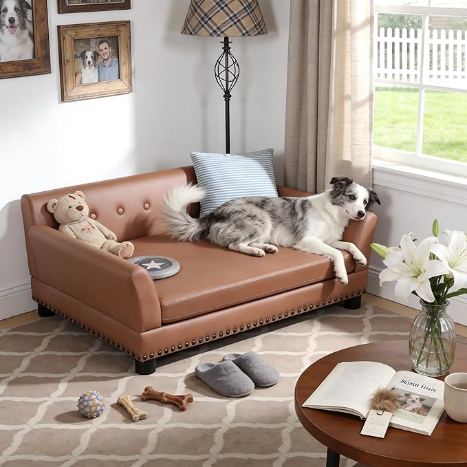 BingoPaw Large Leather Dog Sofa: Pet Couch Lounge Made by Scratching Resistant Microfiber Leather - Doggy Modern Chaise Daybed with Leatherier Cover for Pets Up to 80lbs
