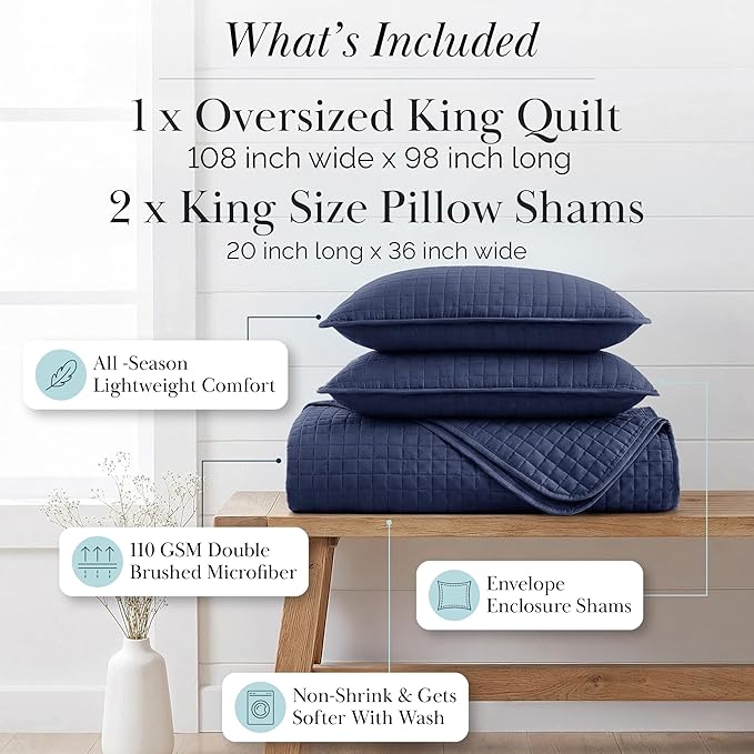 Southshore Fine Living, Inc. Lightweight Quilt King Size Bedding Set, Pet Hair Resistant Bedding Oversized King Size Quilt Coverlet Set w/2 Shams, Blue Coverlet Quilted Bedspread, Dark Blue Quilts