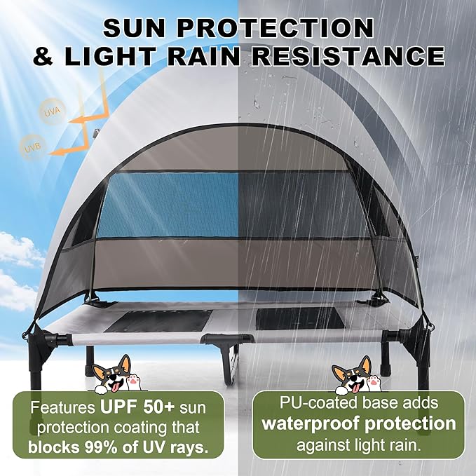 Medium Outdoor Dog Bed with UV Canopy, Elevated Pet Cot for Dogs up to 78 Lbs, Waterproof and Scratch-Resistant Raised Dog Tent with Breathable Mesh for Backyard, Patio, Camping or Indoor Use