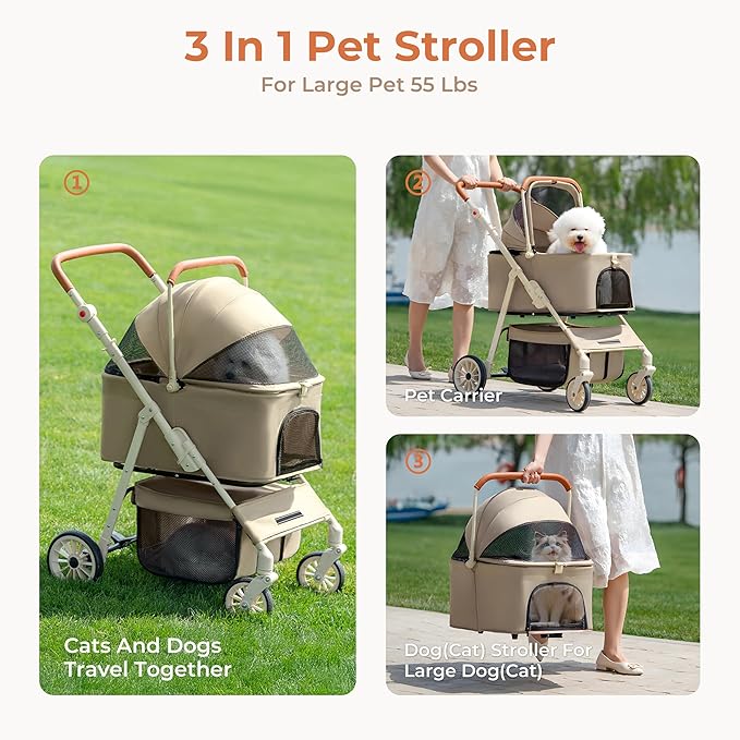 Dog Cat Stroller for Small/Medium Pets up to 55 Lbs, 3-in-1 Foldable Pet Stroller with Detachable Carrier, 4 Wheels, Adjustable Height, Single Foot Brake, Pet Strollers for Travel Outdoor