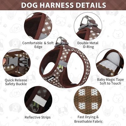 AIITLE No-Pull Pet Harness with a Leash, Plaid Comfort Padded Vest, Step in Dog Harness, Reflective Bands, Soft Breathable Pet Supplies, for Small and Medium Dogs and Cats Chocolate S