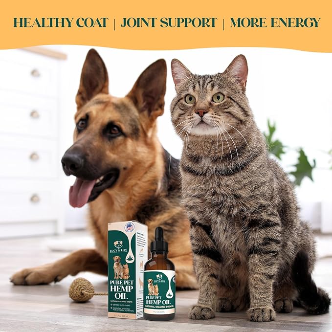 Pure Pet Hemp Oil by Lucy and Lily| Helps with Anxiety, Pain, Stress, Sleep, Seizures, Skin & Coat Health| Calming Drops for Cats & Dogs| 100% Natural Liquid Hemp Oil | Safe for All Pets | 2 Pack
