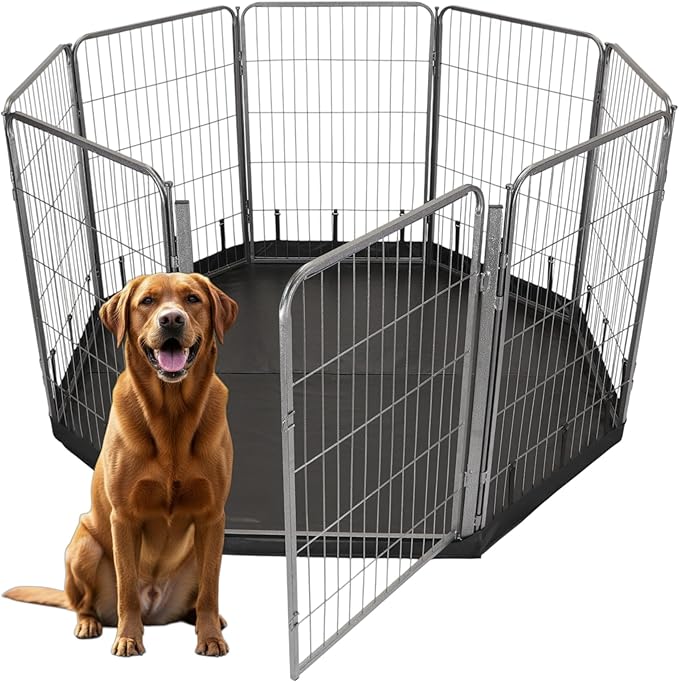 Dog Playpen w/Octagon Bottom Floor Cover - 40 inch, 8 Panel Portable Grey Metal Pet Play Pen for Medium & Large Dogs - Indoor/Outdoor Kennel Cage for Home, Yard, RV, or Camping