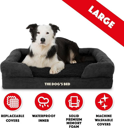 The Dog’s Bed Orthopedic Memory Foam Dog Bed with Bolsters for Large Dogs, Waterproof Washable Cover, Anti-Slip Base, Calming Surface – CertiPUR-Certified Foam, Plush Fabric, Black Plush, Large