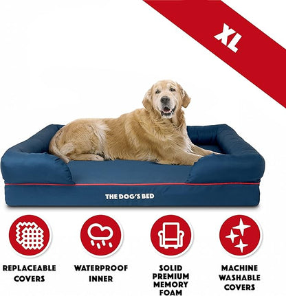 The Dog’s Bed Orthopedic Memory Foam Dog Bed with Bolsters for XL Dogs, Waterproof Washable Cover, Anti-Slip Base, Calming Surface – CertiPUR-Certified Foam, Oxford Fabric, Blue with Dark Red Trim, XL