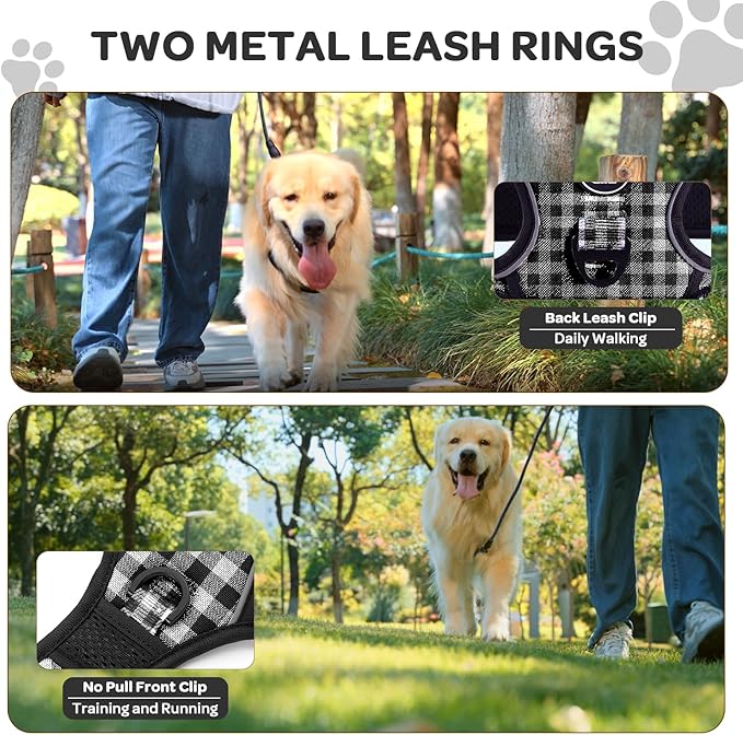 FURRYFECTION Plaid Dog Harness for Large Dogs, Reflective No Pull Adjustable Pet Vest with Front Clip, Leash, Easy Control Handle and Seat Belt, Beige&White, XL