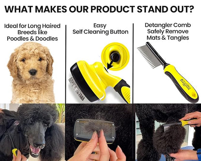 Doodle Brush Slicker for Dogs - Self Cleaning Dog Brush for Poodles, Goldendoodle Grooming Kit with Detangler Comb