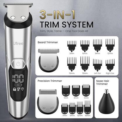 Ufree 3-in-1 Beard Trimmer Kit, Men's Electric Shaver Razor for Mustache Body Nose Facial Hair, Professional Hair Trimmer, Rechargeable Clippers, Waterproof Beard Grooming, Birthday Gifts for Men
