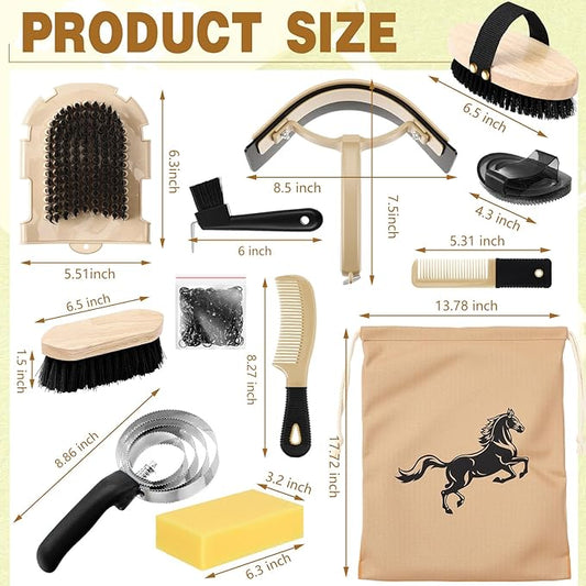 Abbylike 12 Pieces Horse Grooming Kit Racing Festival Tack Room Supplies Horse Brush Sets Equine Care Cleaning Kit Shedding Grooming Massaging Tools(Black)