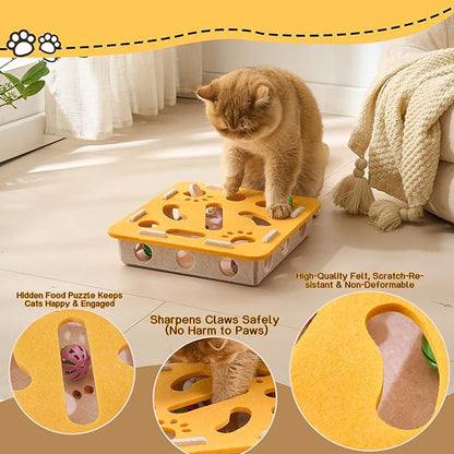 Interactive Cat Puzzle Feeder Toy - Felt Maze Box with 3 Jingle Balls for Indoor Cats, Kittens to Adults - Mental Stimulation, Slow Feeding & Fun Exercise Encourages Natural Hunting Instincts