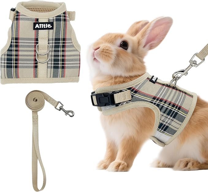 AIITLE Breathable Rabbit Harness and Leash Set - Plaid Pattern Padded Vest with Magic Tape Design, Dual D-Rings, Adjustable for Small Animal Pets, Indoor Outdoor Training Camping, Beige M