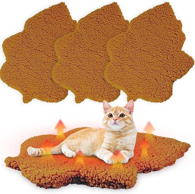 3 Pack Self Warming Pet Bed Leaf Shape Self Heating Cat Dog Mat Washable Thermal Sleeping Pad for Indoor Outdoor Hedgehog, Bunny, Sugar Glider, Rat, Chinchilla(Orange,Small-16 x20)