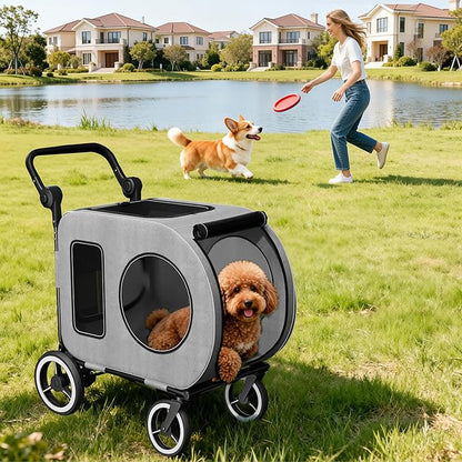 kepptory Dog Stroller with Large Dog House, XL Pet Stroller for 2 Small Dogs with Panoramic Sunroof, Adjustable Handle, Storage Organizer and Sturdy Metal Frame,32.4Lx19.3Wx23.6H(House Size)